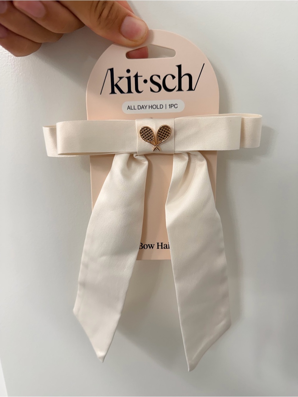 kitsch Cream Ribbon Bow Hair Clip with Gold Tennis Racket Charm